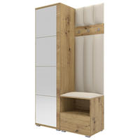 GEPOLSTERT Garderoben-Set Nela I LUX (Spiegel – Farbe Eiche Artisan + Stoff Trinity 01) - Silberfarben/Creme, Holz/Holzwerkstoff (100/187/40cm) - Ravio