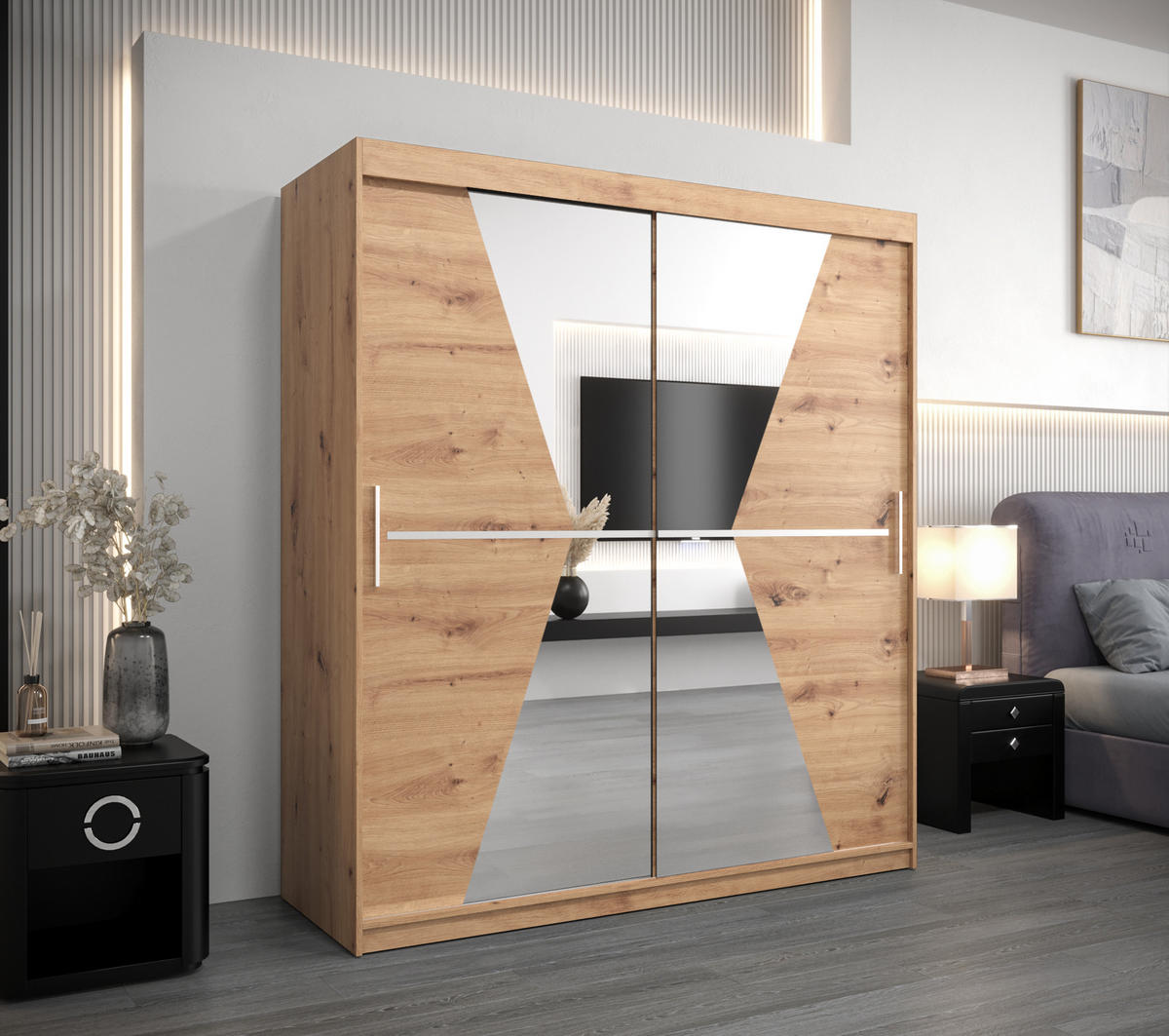 SCHWEBETÜRENSCHRANK 200/180/62 2-türig - Silberfarben/Eiche Artisan, Holz/Kunststoff (180/200/62cm) - MÖBEL KRYSPOL