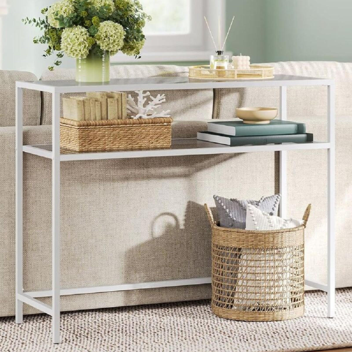 METALLKONSOLE mit 2 Regalen aus gehärtetem Glas 30/90/80 cm - Weiß, Metall (31/30/80cm) - Calicosy