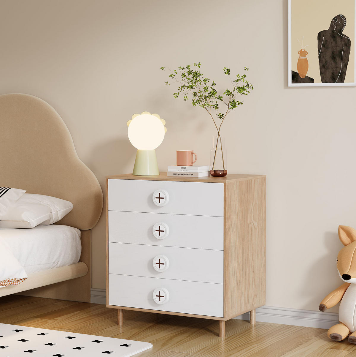 KOMMODE, 4 Schubladen, mit lackierten Fronten und Holzoptik, 80x54x90 cm, NaturalxWeiß - Naturfarben, Holzwerkstoff (54/90/80cm) - Modfu