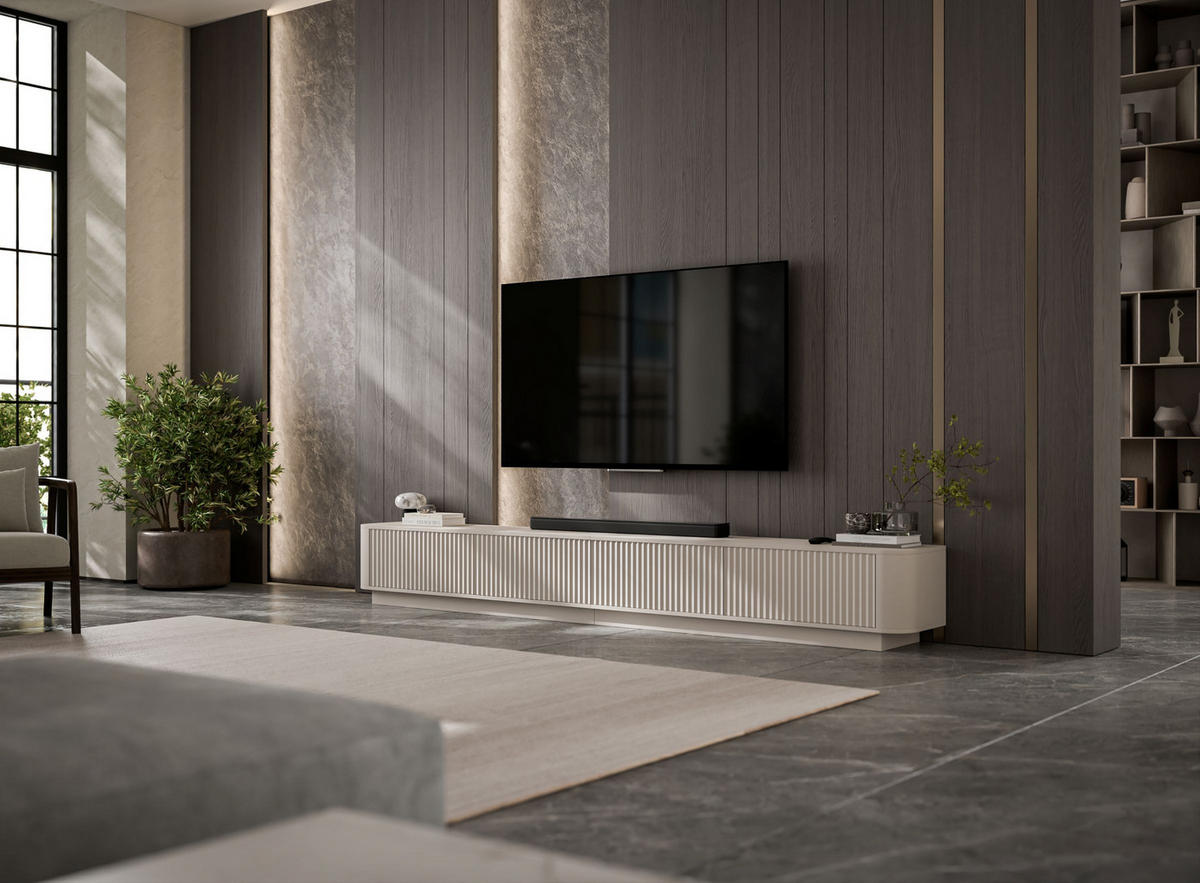 TV skrinka Aurora, set 2 kusov so soklom, matný kašmír, 280 cm - kašmírová, kompozitné drevo (280/37/35cm) - Meble Lindner