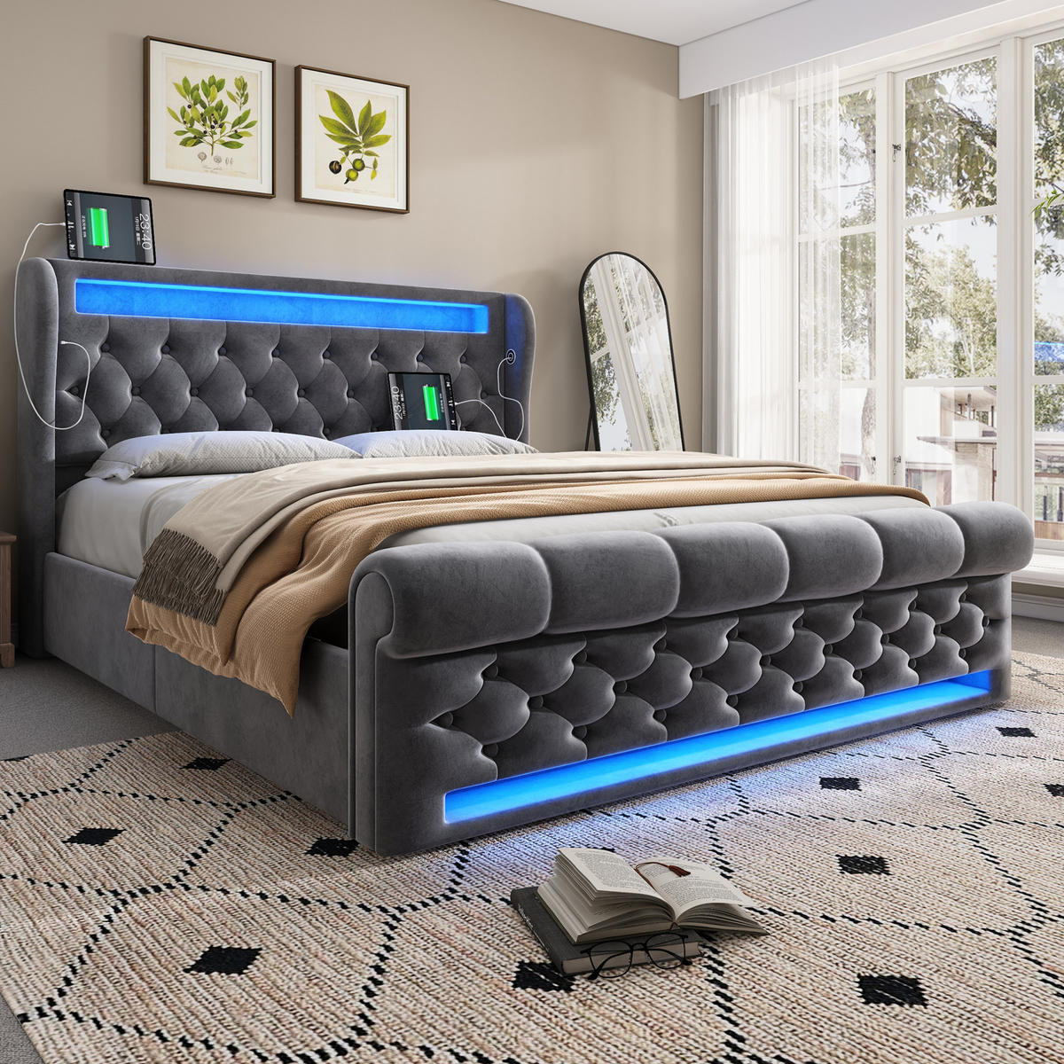 BETT mit LED und Ladestation 160x200 cm Samt Gray - Grau, Metall (160/200cm) - Meubliv