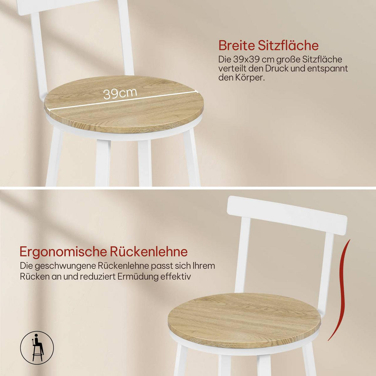 BARHOCKER 6er Set mit Lehne, Helle Holzoptik - Ahornfarben/Weiß, Holzwerkstoff/Metall (51.5/89/51.5cm) - Woltu