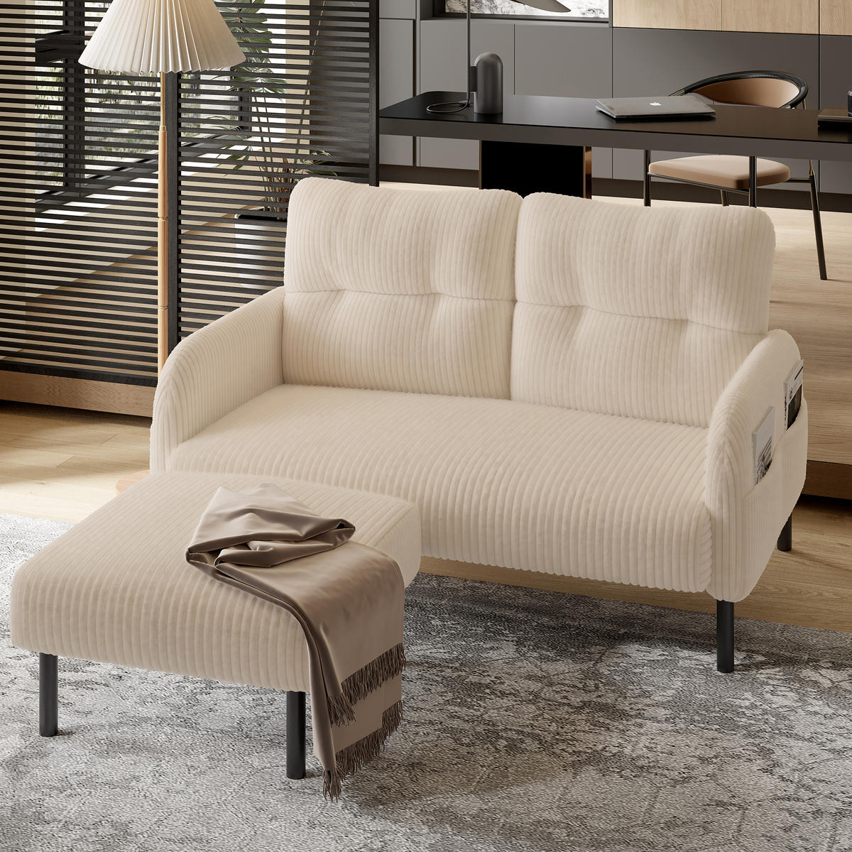2-SITZER SOFA Cord Beige mit Seitentasche - Beige, Textil/Metall (120/79/75cm) - WISHDOR