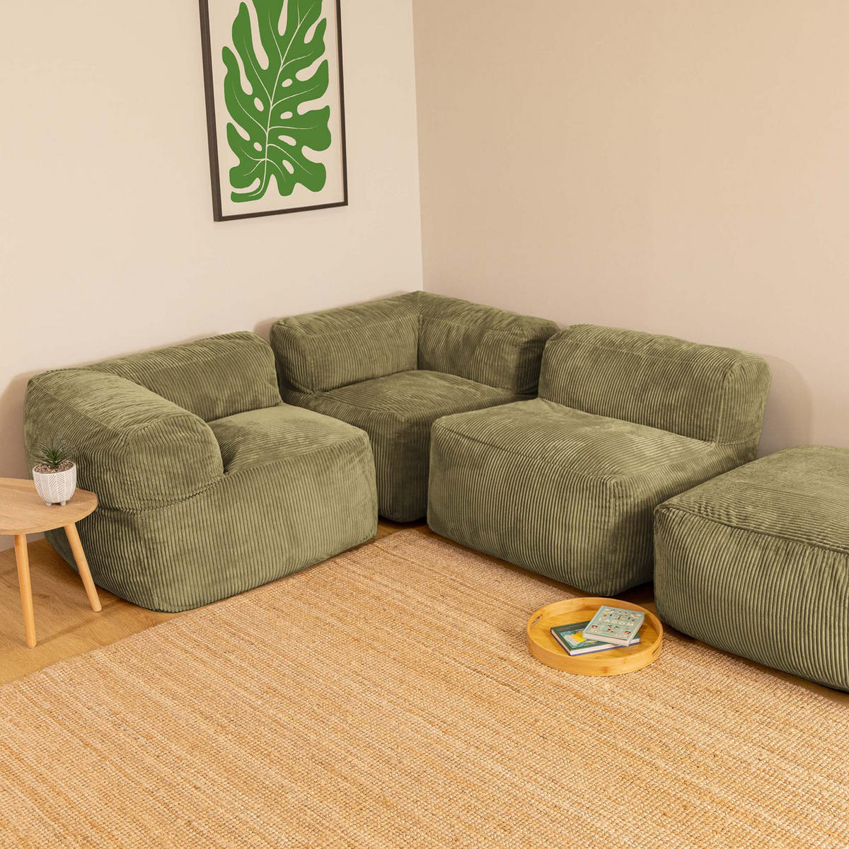 SITZSACK-SOFA 4-tlg. ZEN: 2 Ecksessel, Sessel, Fußstütze - Grün, Textil (390/68/100cm) - icon