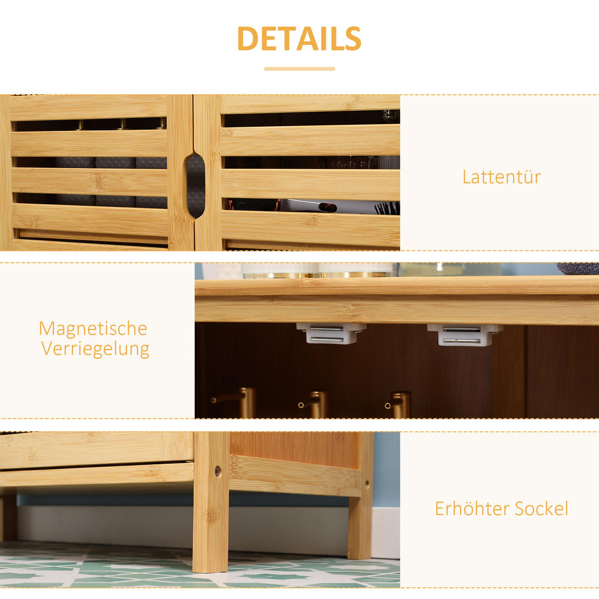 BADEZIMMERSCHRANK mit 2 Lamellentüren, 68 x 32 x 86 cm, Natur - Naturfarben, Naturmaterialen (68/86/32cm) - Kleankin