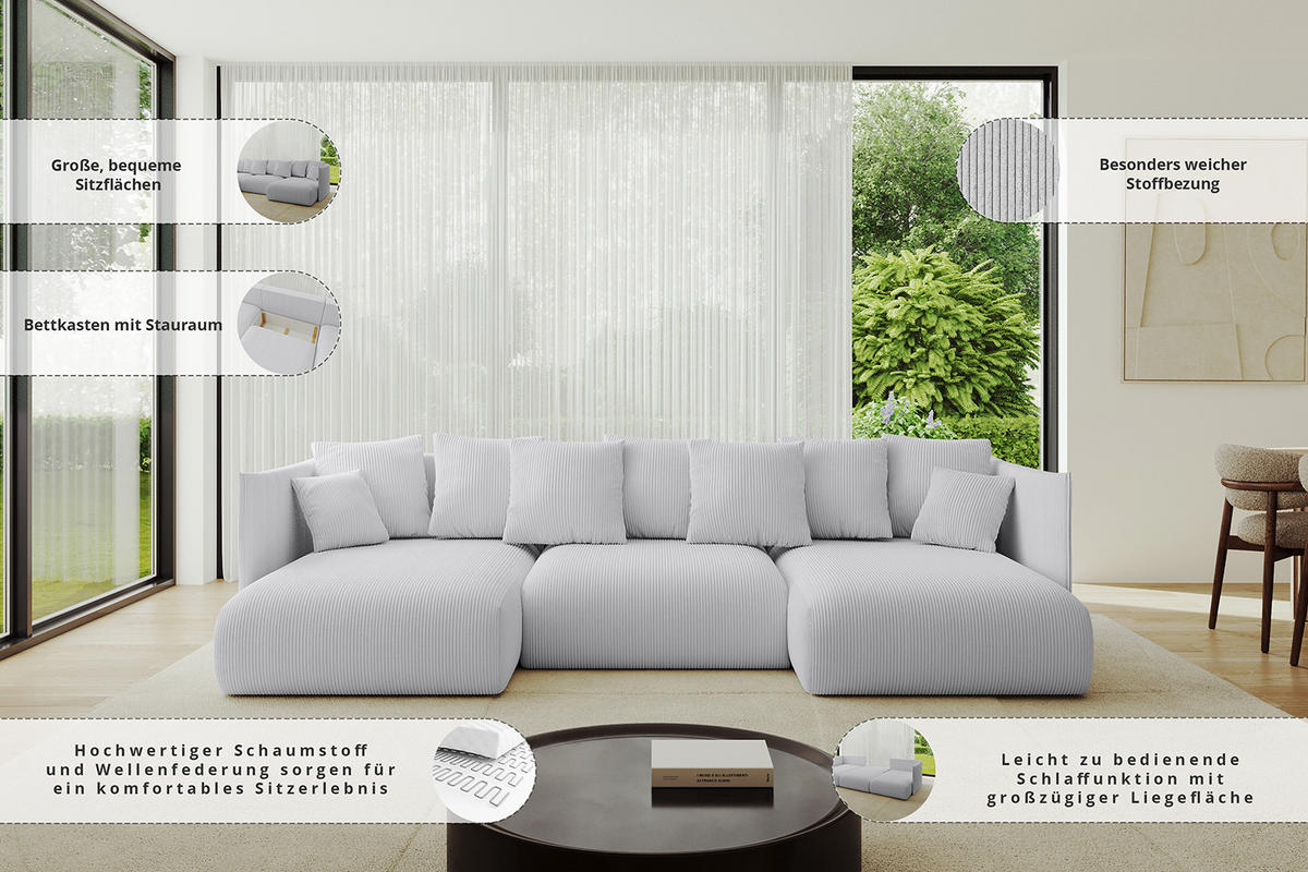 WOHNLANDSCHAFT mit Schlaffunktion und Bettkasten ONESK-U 304x165x40 Senfgelb Cord - Currygelb, Holzwerkstoff/Kunststoff (304/90/165cm) - ALTDECOR