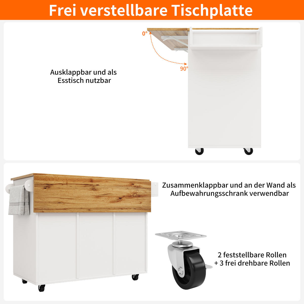 KÜCHENINSEL 137.5x65x95.6cm Weiß mit Weinregal & 5 Rollen - Weiß, Holzwerkstoff (137.5/95.6/65cm) - Modfu