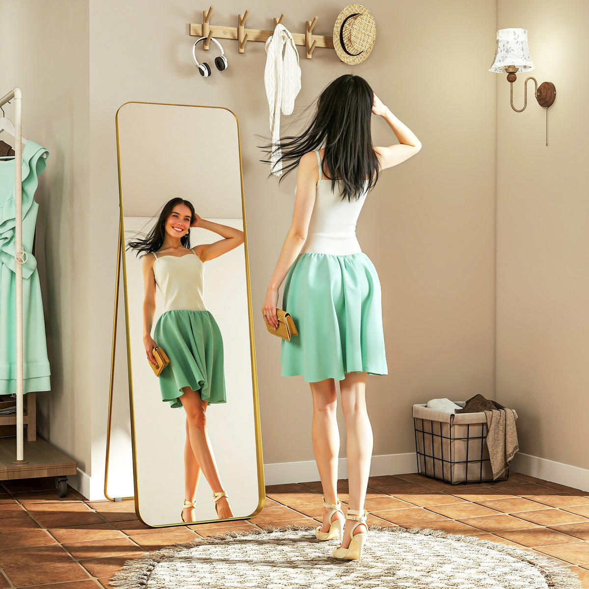 GANZKÖRPERSPIEGEL 160 x 50 cm Gewölbter Standspiegel mit Bruchsichere Glas - Goldfarben, Metall (6/160/50cm) - HOMCOM