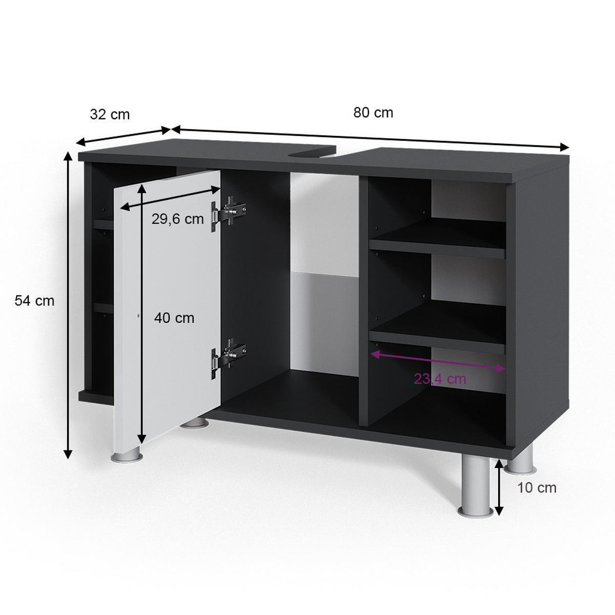 WASCHBECKENUNTERSCHRANK Fynn Anthrazit/Weiß Hochglanz 80 x 54 cm mit 6 Ablage - Weiß Hochglanz/Anthrazit, Holzwerkstoff (80/54/32cm) - Vicco