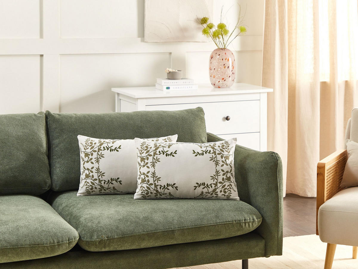 DEKOKISSEN 2er-Set Weiß 30/50 cm Zaleya - Weiß/Grün, Naturmaterialien (50/30cm) - Beliani