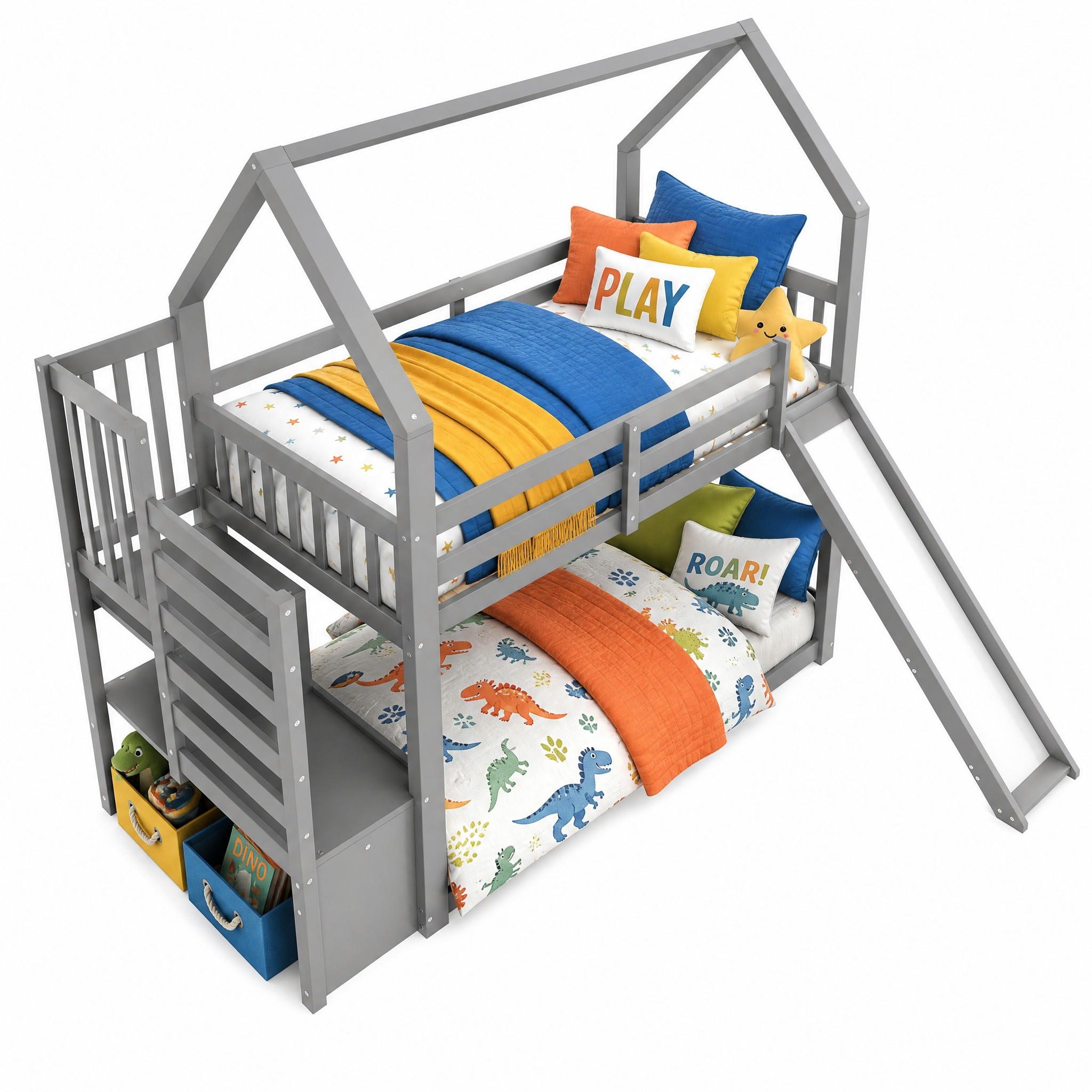 ETAGENBETT 90/200 cm in Grau Kinderbett mit Stauraumtreppe, Rutsche und Geländer aus Kiefernholz - Grau, Holz (90/200cm) - STILVORA