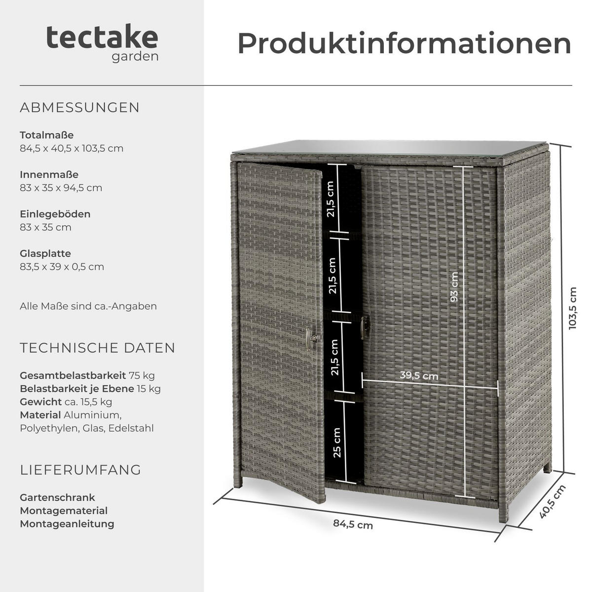 GARTENSCHRANK aus Aluminium Monza, 84,5 x 40,5 x 103,5 cm, grau - Grau, Kunststoff (84.5/103.5/40.5cm) - tectake