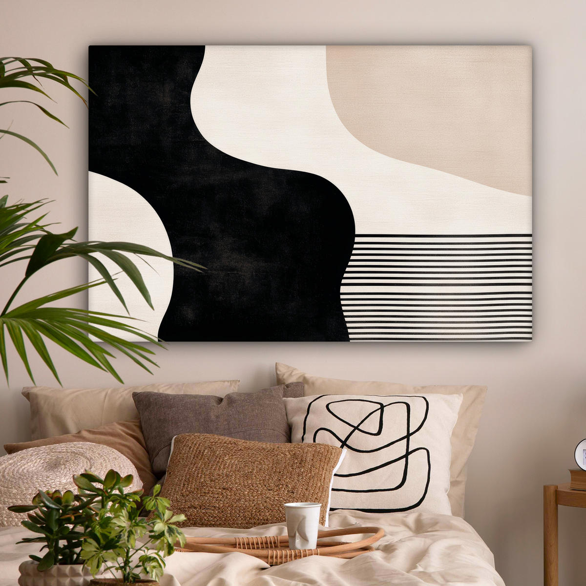 LEINWANDBILD Abstrakt - Japandi - Beige - Modern XXL 150x100 cm - Schwarz, Textil (150/100cm) - MuchoWow