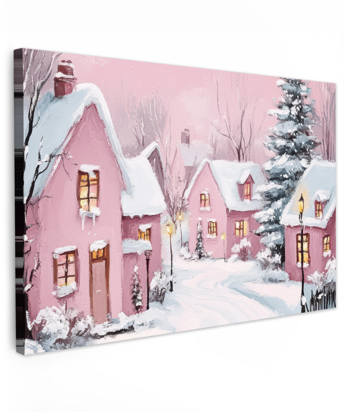 LEINWANDBILD Weihnachtsdorf - Rosa - Winter - Schnee - Häuser Wohnzimmer Groß 120x80 cm - Altrosa, Textil (120/80cm) - MuchoWow