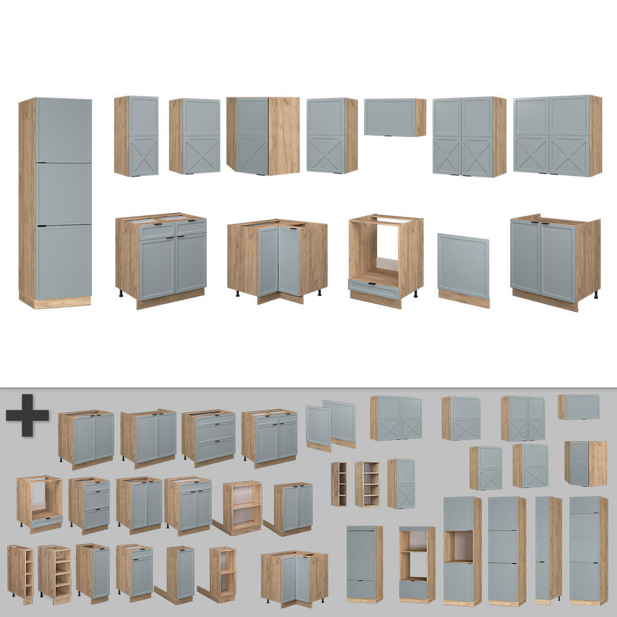 ECKKÜCHE Fame-Line Hellblau-grau/Goldkraft Eiche 227 x 287 cm AP Eiche - Honigeiche/Hellblau, Holzwerkstoff (227/81.6/60cm) - Vicco