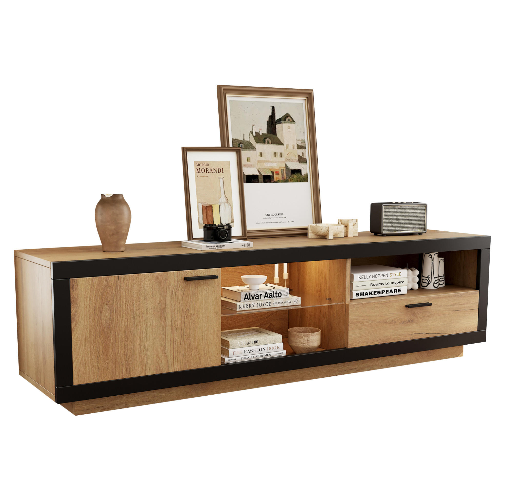 LOWBOARD 160/40/50 cm aus Holzwerkstoff mit LED-Beleuchtung Schwarz/Eichefarben - Eichefarben, Holzwerkstoff (160/50/40cm) - Modenvie