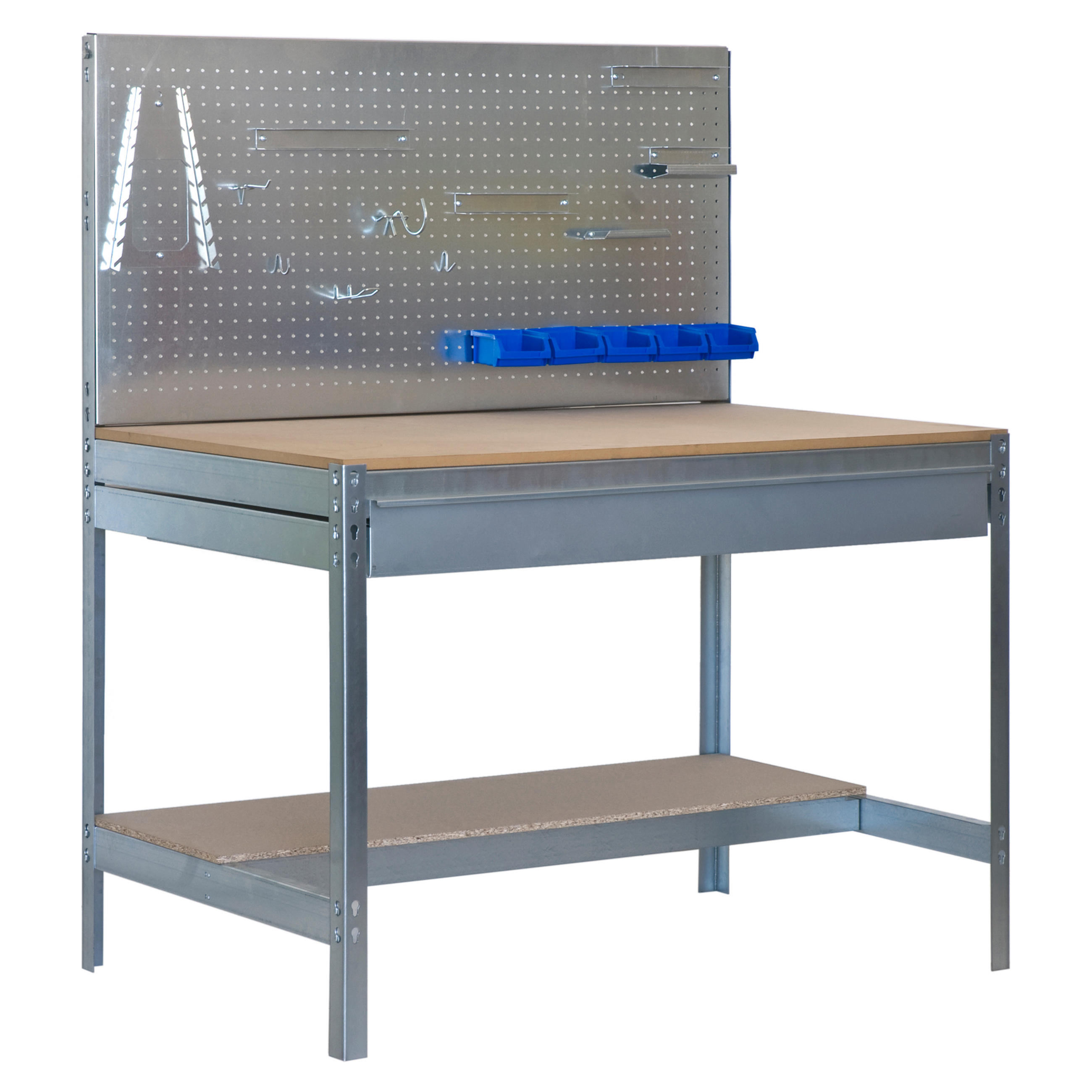 WERKBANK BUFFALO mit Werkzeugwand und Schubfach | HxBxT 84x150x61cm | Traglast 600kg | Verzinkt - Silberfarben, Metall (150/84/61cm) - PROREGAL