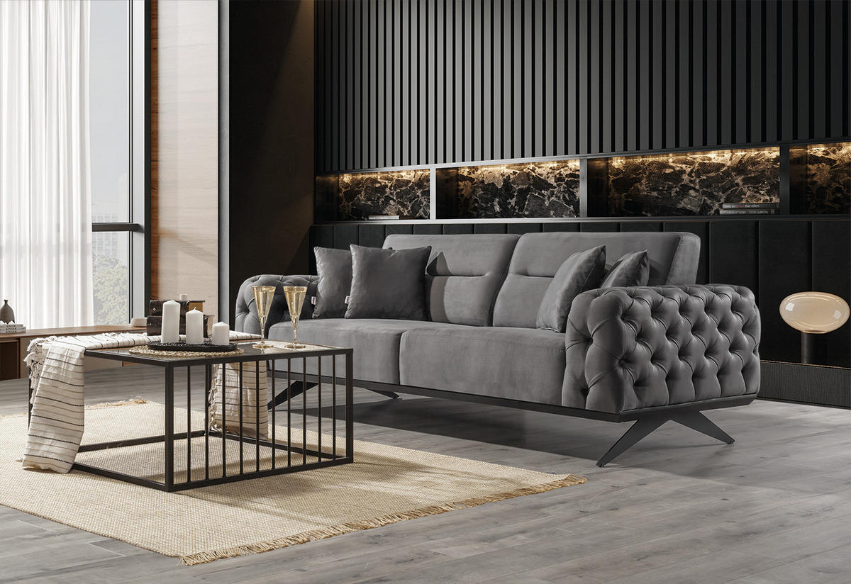 SITZGARNITUR Cuba Creme Stellvariante:3+3+1 - Grau, Holz (230/85/100cm) - Villa Möbel