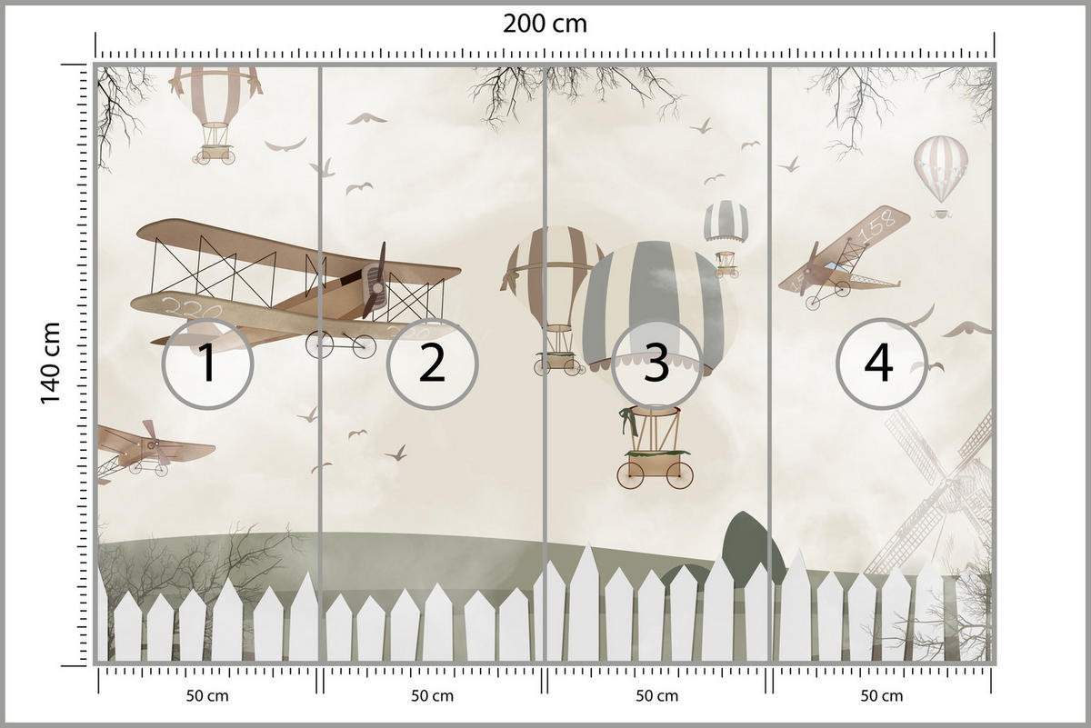 FOTOTAPETE für Kinderzimmer Retro Flugzeuge Ballons Vintage Beige 200x140 - Beige/Braun, Papier (200/140cm) - Muralo