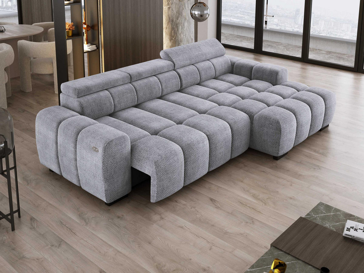 ECKSOFA OMBO 285x168x77/97 cm, Rechts, Schlaffunktion, elektr. Sitz, Kopfstützen, hydrophober EDEN-Stoff – Silber - Silberfarben, Holz/Textil (285/168cm) - DomoHome