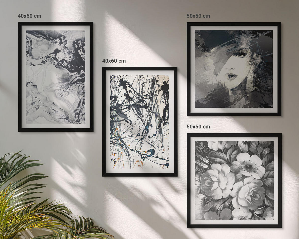 WANDBILDER 4er-Set - 50x50 cm & 40x60 cm Schwarzer Rahmen - Abstrakte schwarz-weiße Muster - Schwarz, Kunststoff (50/50cm) - ArtPrintCave