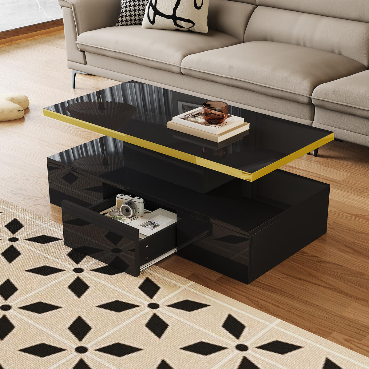 COUCHTISCH 100/50/38,5 cm schwarz Hochglanz mit 2 Ablageebenen und Schublade mit LED-Beleuchtung - Schwarz, Holzwerkstoff (100/50/39cm) - OKWISH