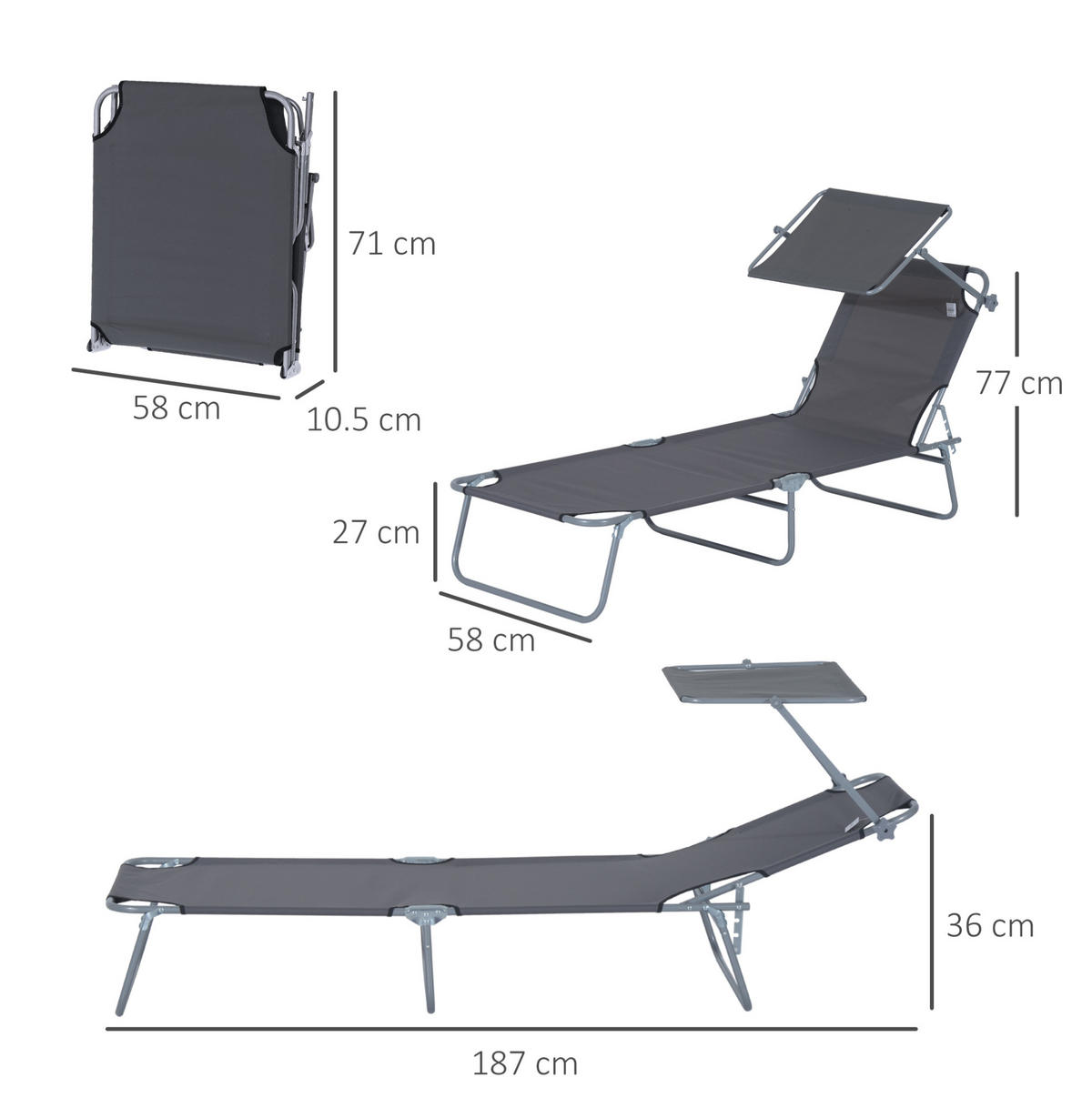 GARTENLIEGE 187/58/36 cm grau aus Metall klappbar mit Sonnendach - Grau, Metall (187/36/58cm) - OKWISH