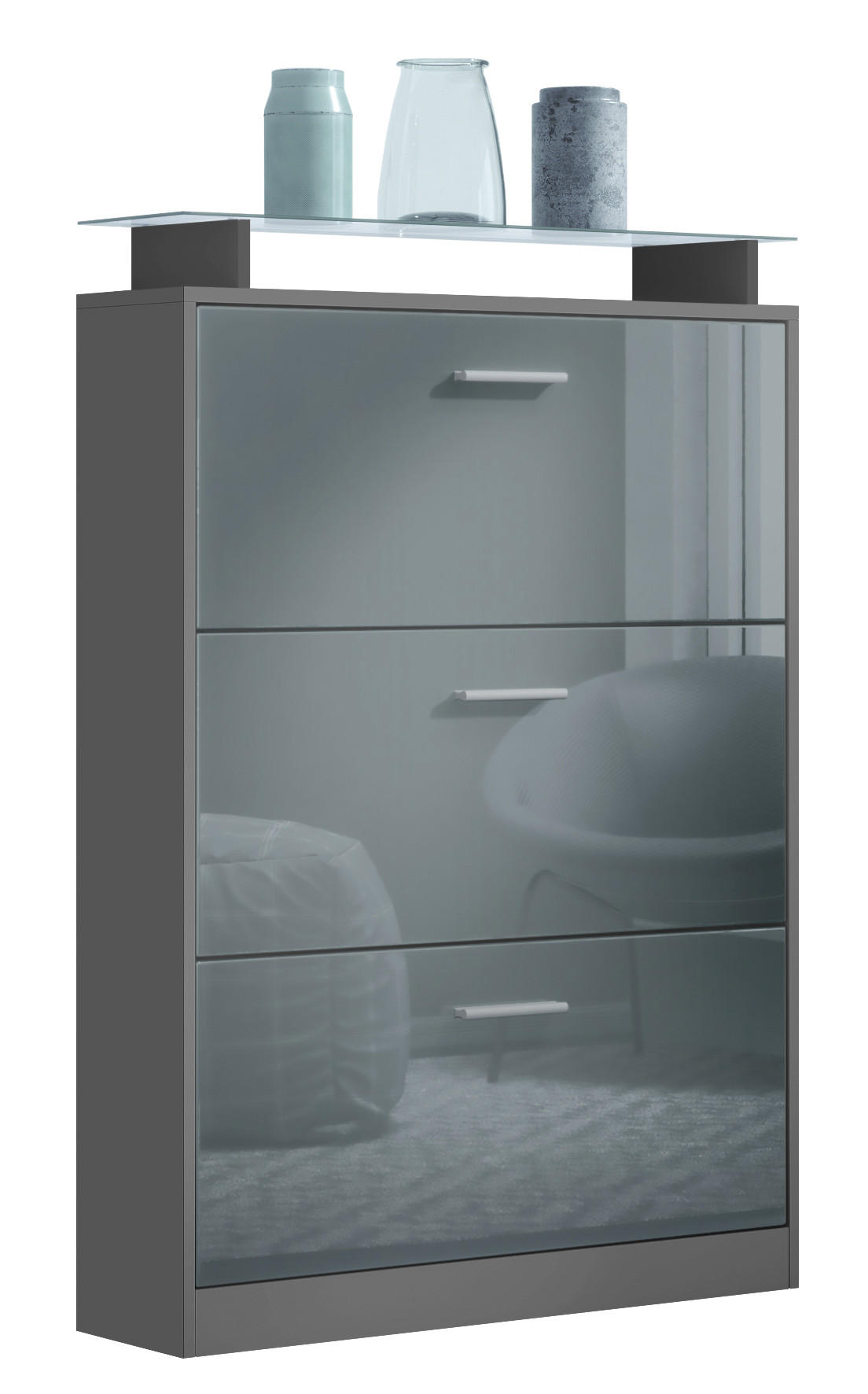 SCHUHSCHRANK Lavia Front in Grau Hochglanz - Grau, Holzwerkstoff (89/128/23cm) - Vladon