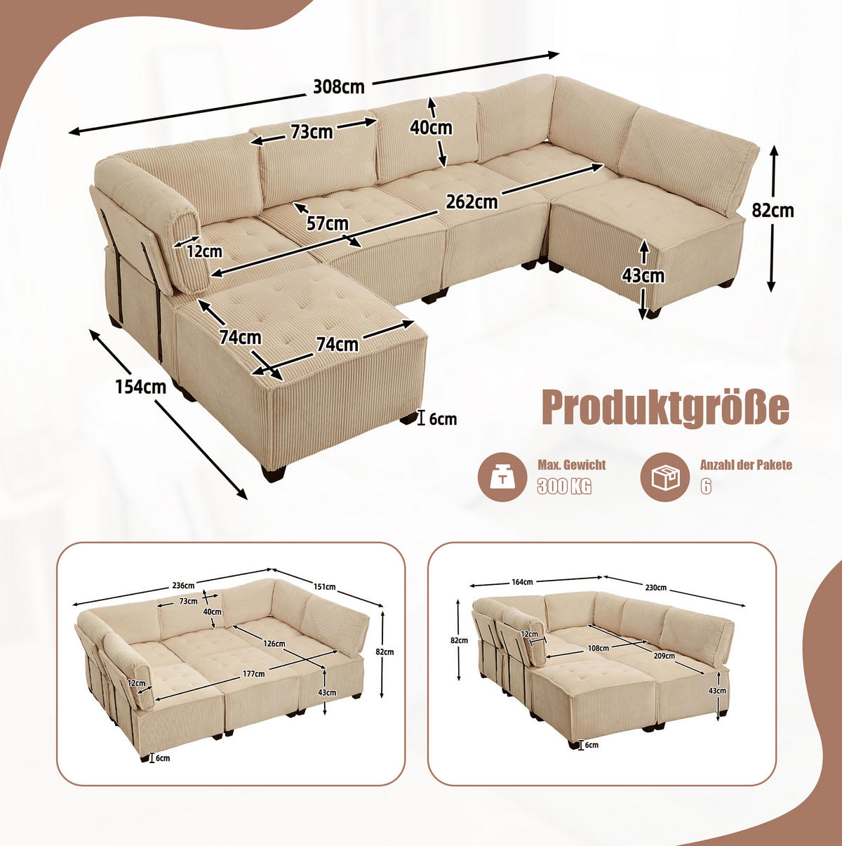 MODULARES 6-Sitzer Sofa Cord mit Seitentaschen und Schlaffunktion 308/154/82 cm Sandfarben - Sandfarben, Kunststoff/Textil (154/82/308cm) - Redom