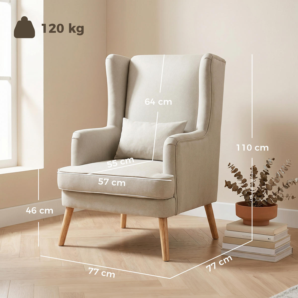 OHRENSESSEL Leinen, Gummiholz Beige - Beige/Naturfarben, Holz/Textil (77/110/77cm) - HOMCOM