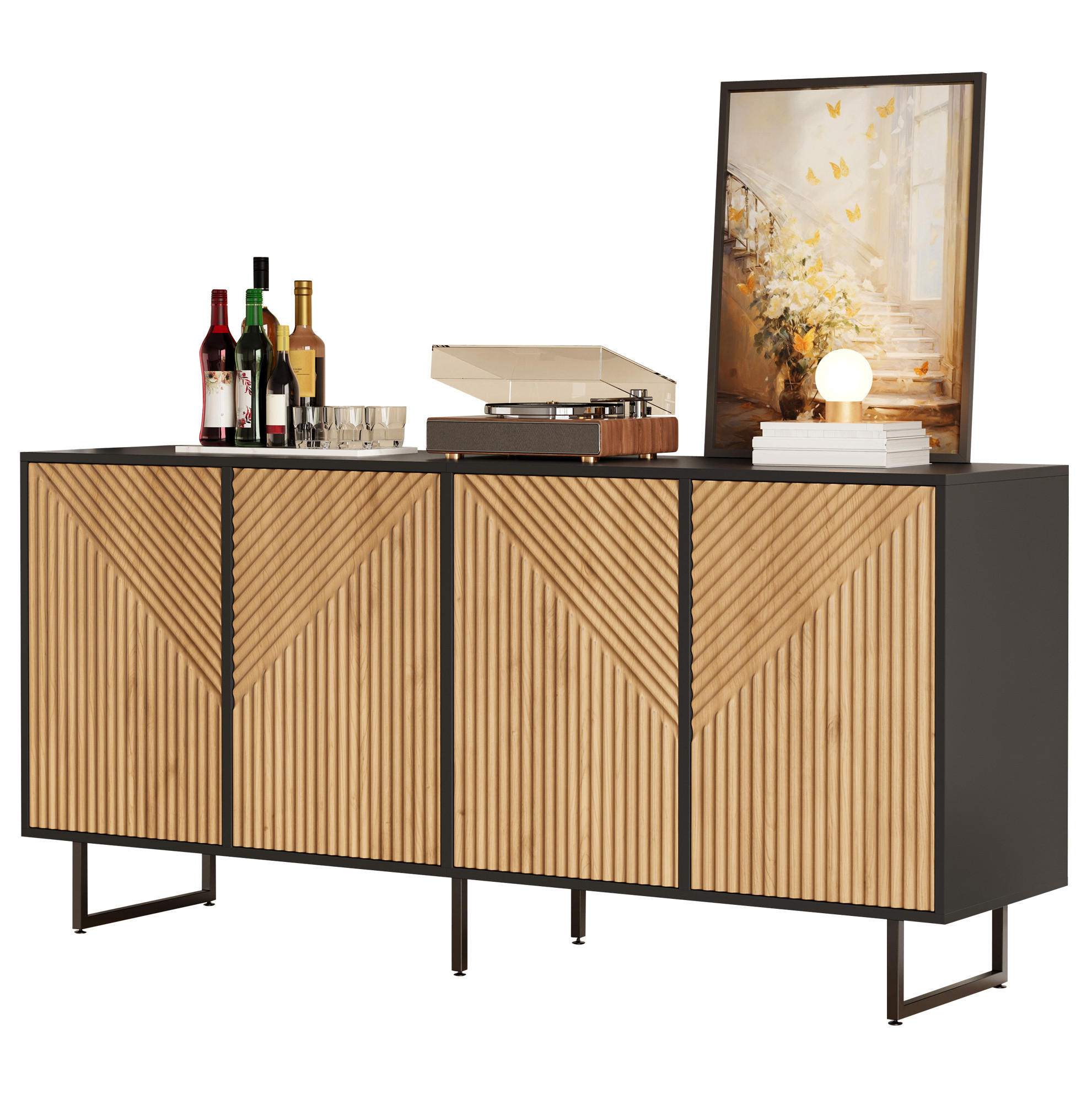 SIDEBOARD 160/40/75 cm mit 4 Türen und 8 Fächern, aus Spanplatte mit Eisenfüßen, Naturholz/Schwarz - Naturfarben, Holzwerkstoff (160/75/40cm) - Redom