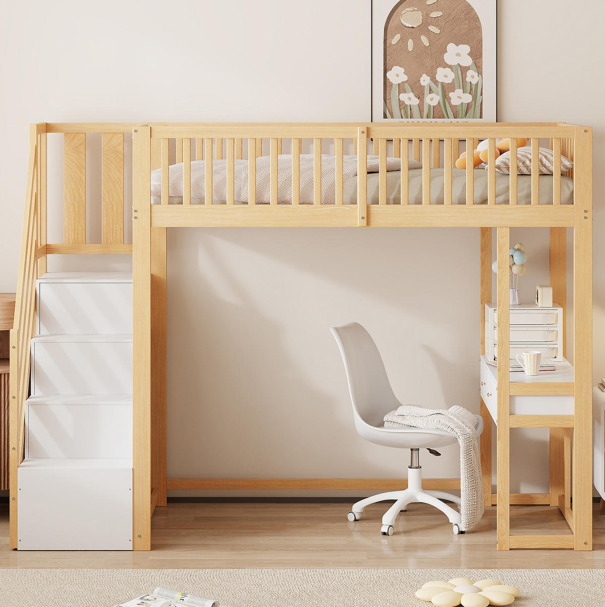 HOCHBETT 90/200 cm mit Multifunktionstisch und Aufbewahrungstreppe aus Kiefern, Weiß/Eiche hell - Weiß, Holzwerkstoff (90/200cm) - Redom