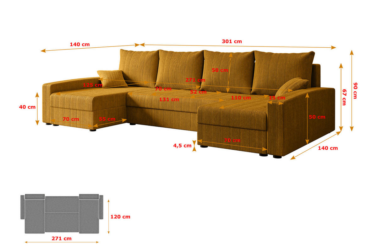 WOHNLANDSCHAFT mit Schlaffunktion und Bettkasten ALESIA-U 301x140x90 cm Senfgelb Cord - Gelb/Silberfarben, Holzwerkstoff/Kunststoff (301/90/140cm) - ALTDECOR