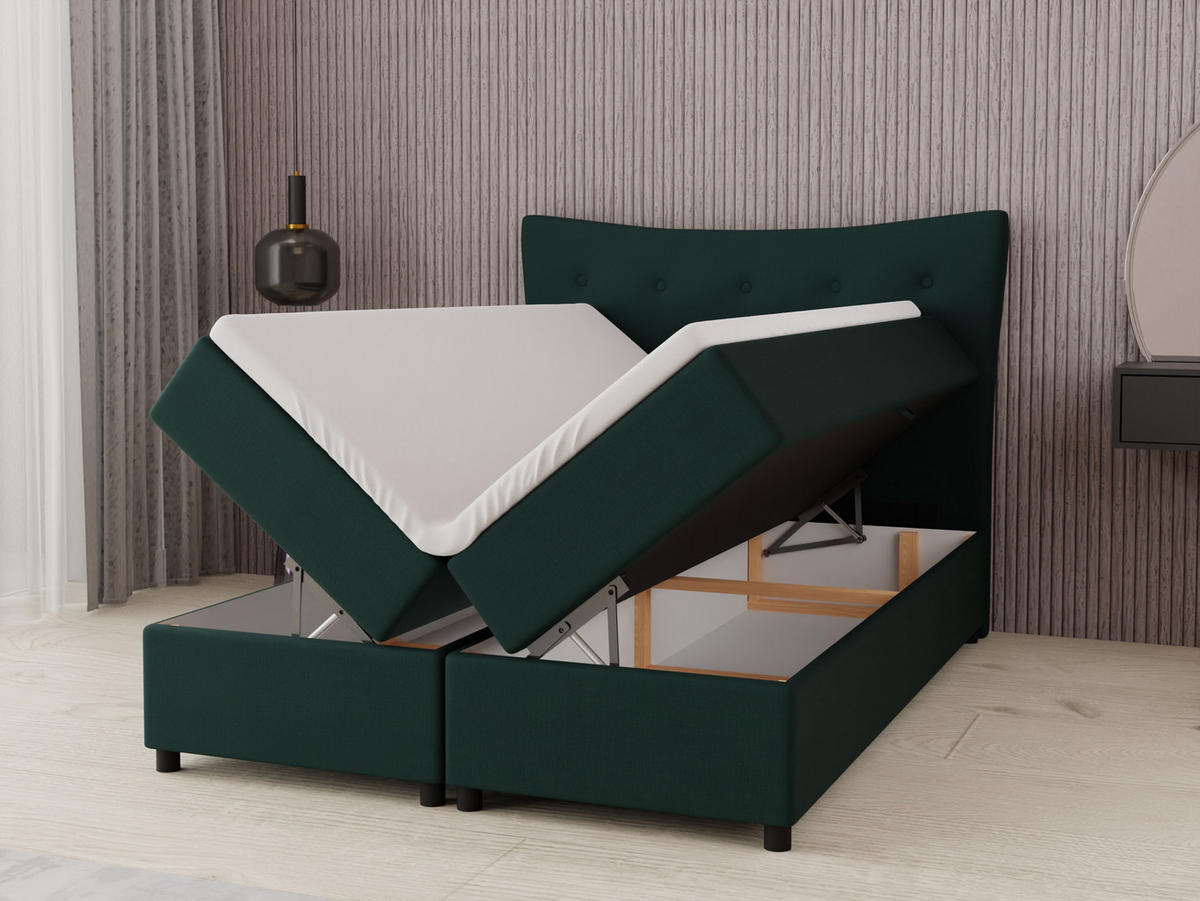 BOXBETT Nevada 140 x 200 cm Doppelbett mit hochwertiger Bonell-Matratze und Topper - grün - Grün, Holz (140/200cm) - Panda Möbel