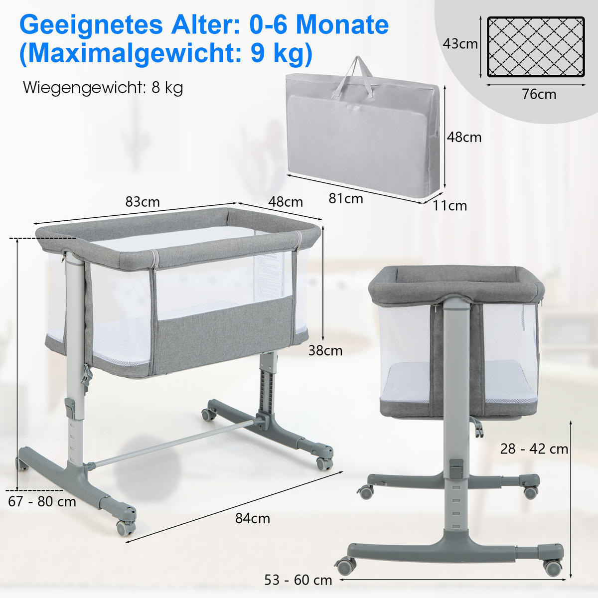 BEISTELLBETT Grau - Grau, Textil - COSTWAY