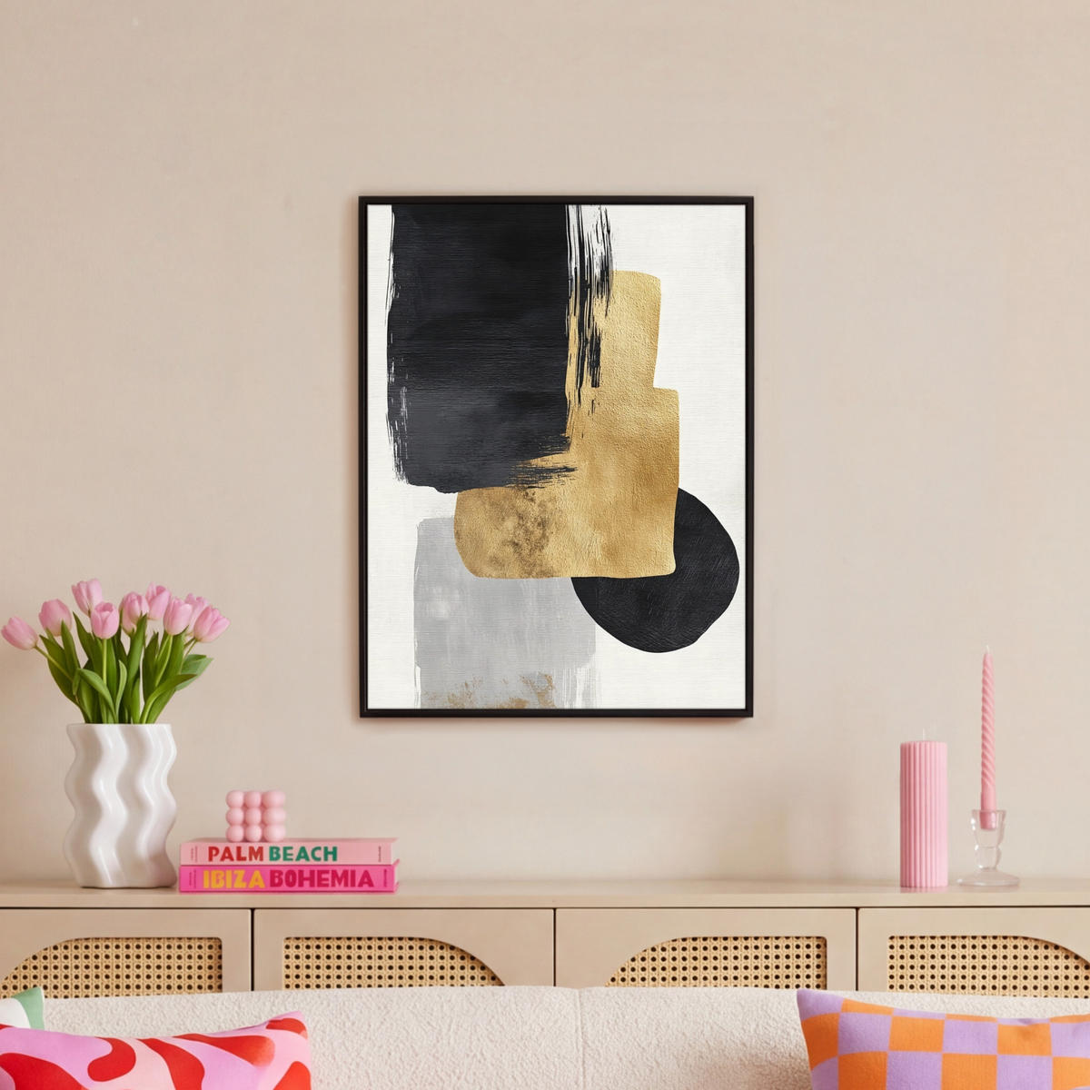 LEINWAND Bilder mit Rahmen - Gold - Rechtecke - Kreise - Abstrakt - 60x80 - Weiß, Textil (60/80cm) - MuchoWow