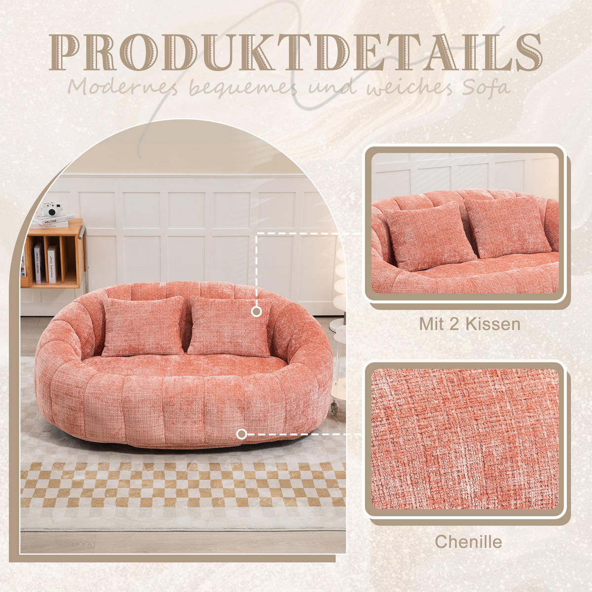 2-SITZER SOFA aus Chenille mit Memory Schaum & ohne Montage - Pink, Textil (150/63/95cm) - Urban Meuble
