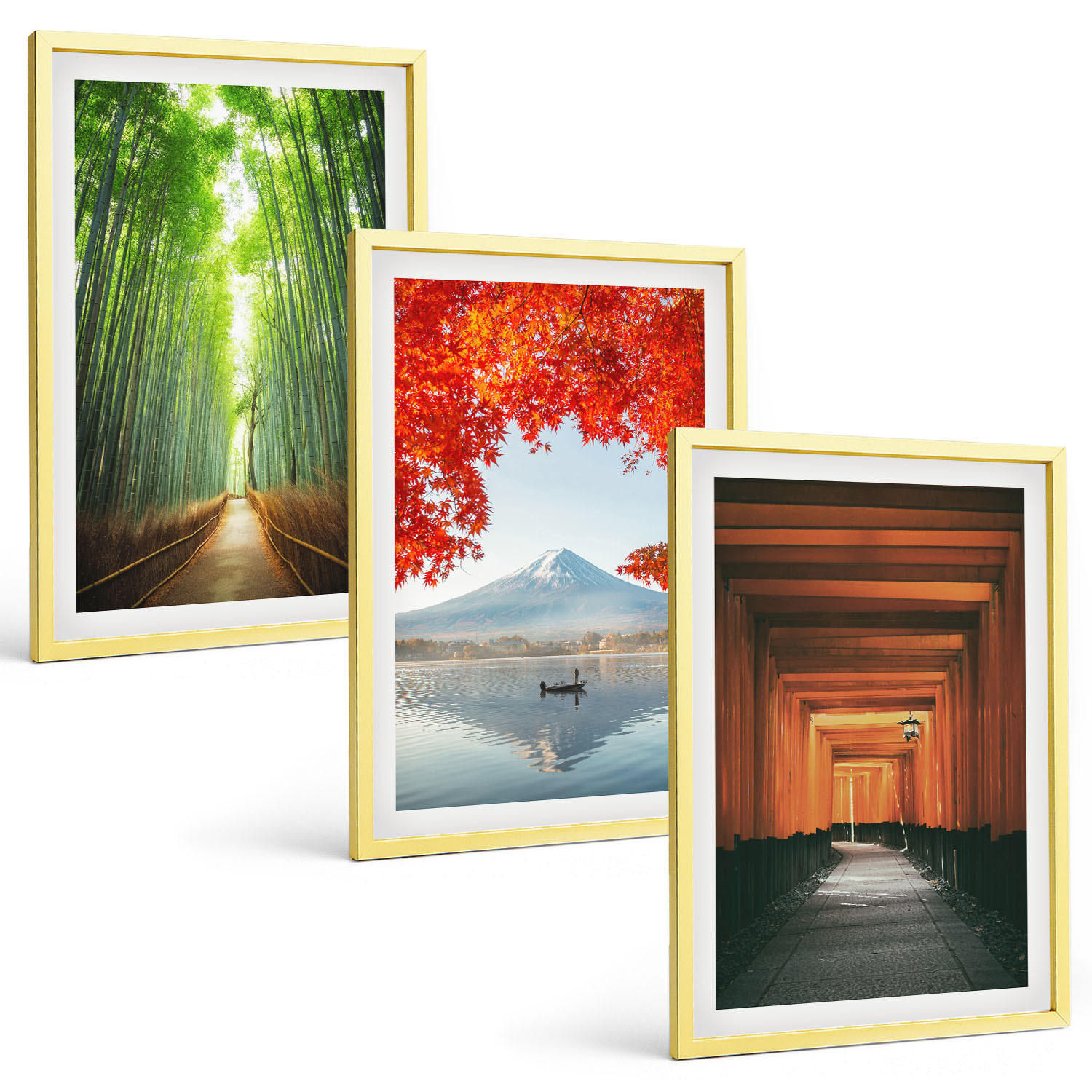 BILDER SET 3er Set - 40x60 cm Goldrahmen - Fuji-Bambuswaldlandschaft - Goldfarben, Kunststoff (40/60cm) - TULUP