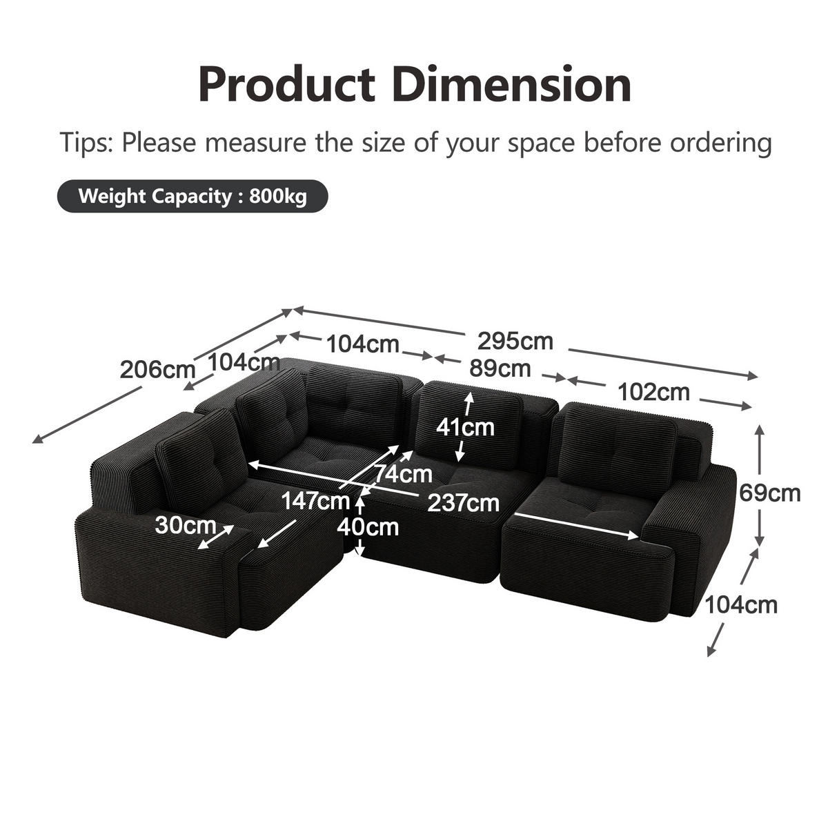 4-SITZER Sofa 382x104x69 cm aus Cordstoff rahmenlos modular, schwarz - Schwarz, Textil (104/69/382cm) - Luhomfu