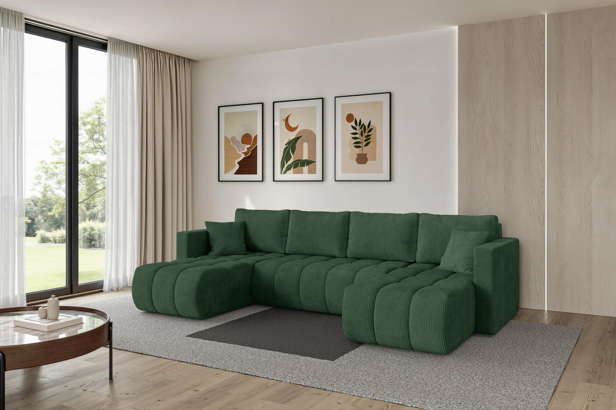 SEDACÍ SOUPRAVA DO U s funkcí spaní a úložným prostorem GARD-U 300x146x85 zelená manšestr - černá/tmavě zelená, kompozitní dřevo/textil (300/85/146cm) - ALTDECOR