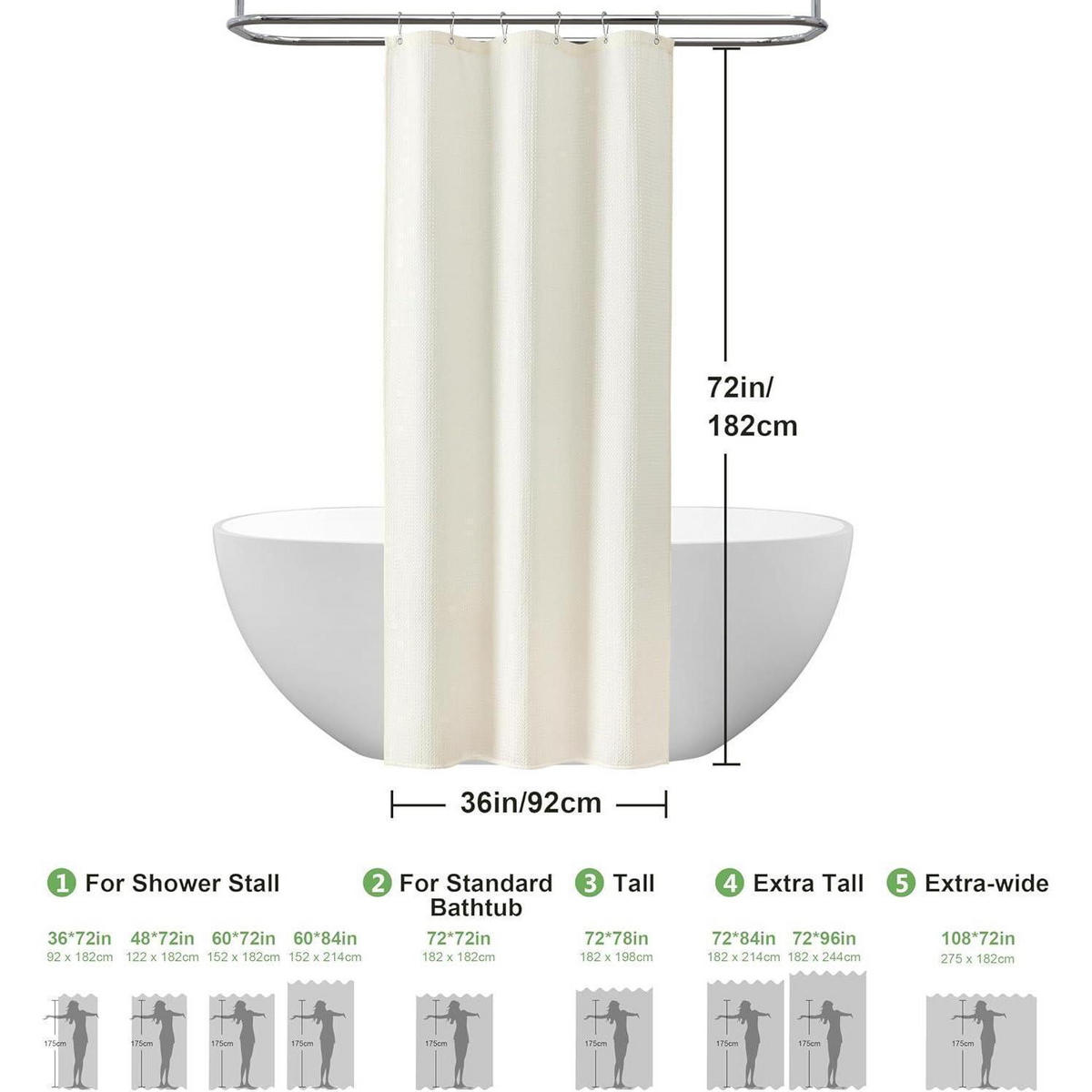 DUSCHVORHANG Waffelstoff Creme 92 x 182 cm - Creme, Textil (91.4/182.9cm)