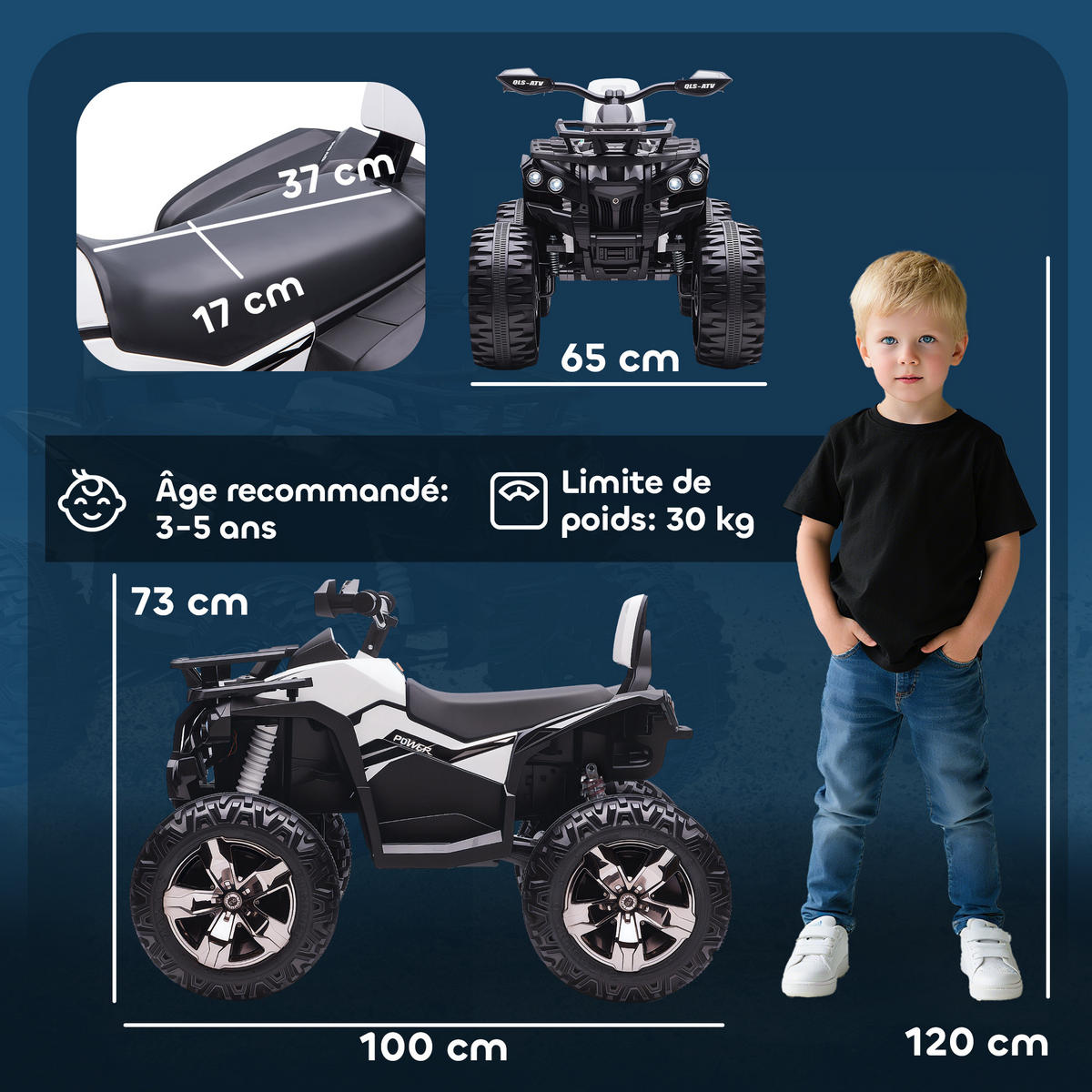 ELEKTRO-QUAD DE-13164 8 km/h Weiß/Schwarz - Weiß, Kunststoff (100/65/73cm) - ComfortXL