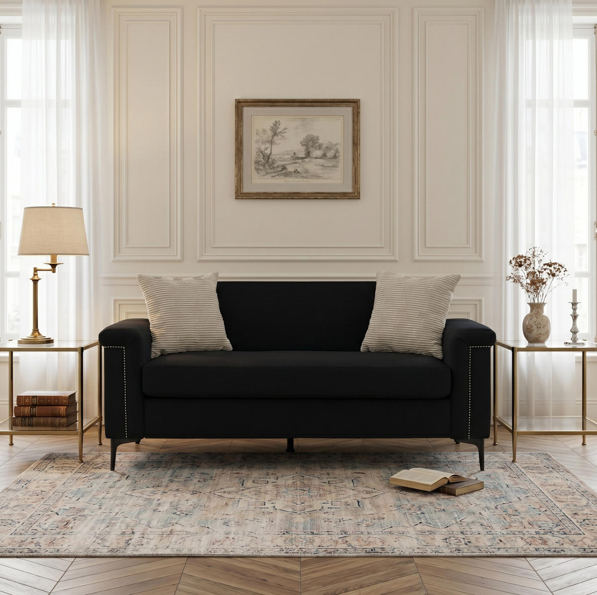 SOFA 2-Sitzer 172 x 72 x 82 cm Leinenstoff Schwarz - Schwarz, Holz (73.5/81.5/172cm) - Meubliv