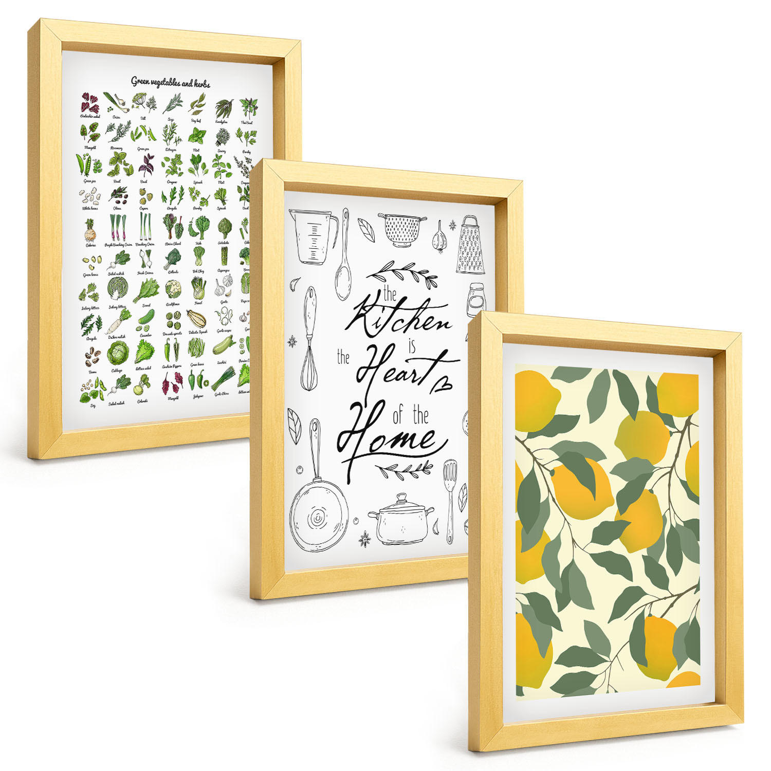 BILDER SET 3er Set - 20x30 cm Goldrahmen - Bemalte Zitronen-Küchenkräuter - Goldfarben, Kunststoff (20/30cm) - TULUP