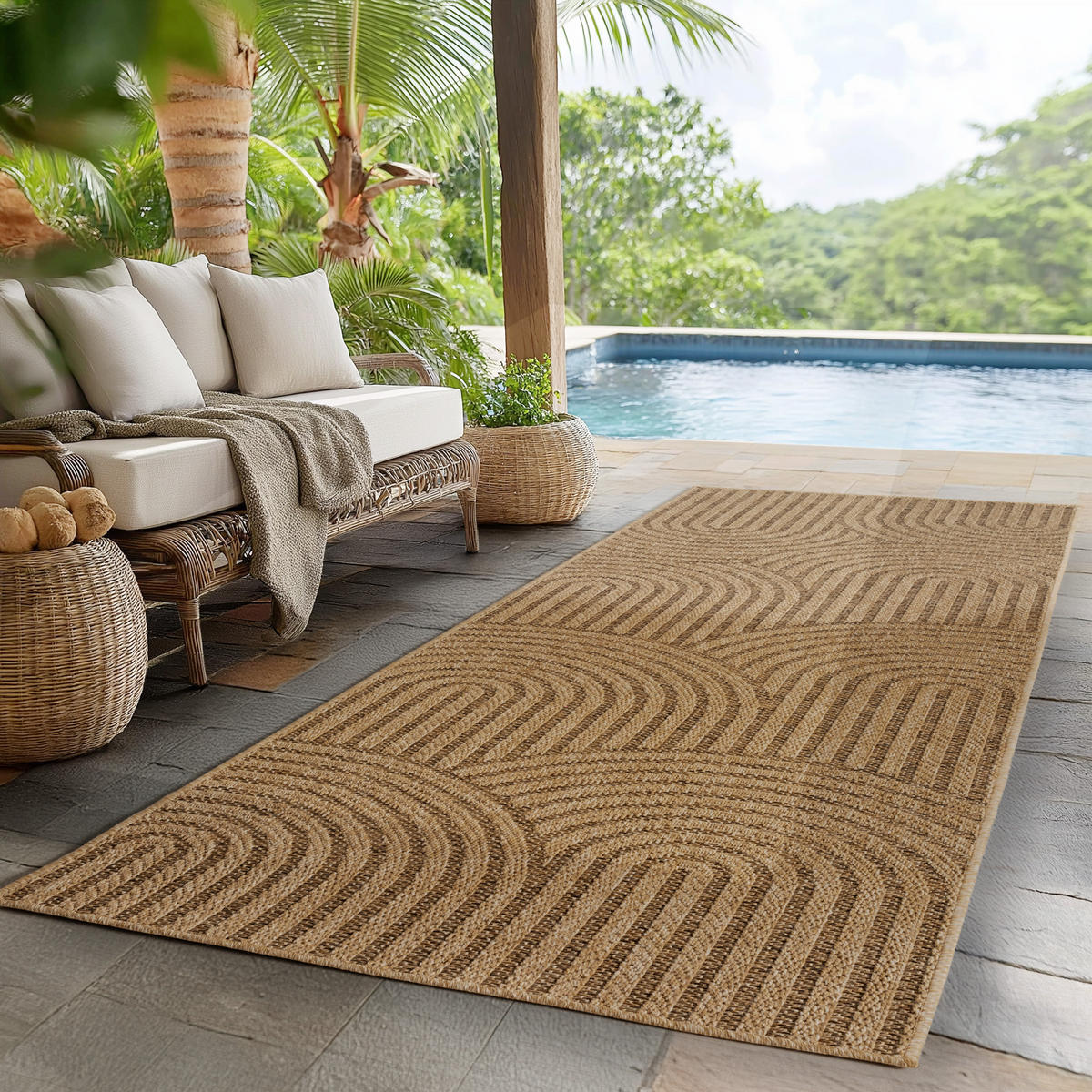 TEPPICH In-/Outdoor Jute-Optik Flachgewebe Grobe Linien Polypropylen Beige Läufer 80x250 - Beige, Textil (80/250cm) - KADIMA DESIGN