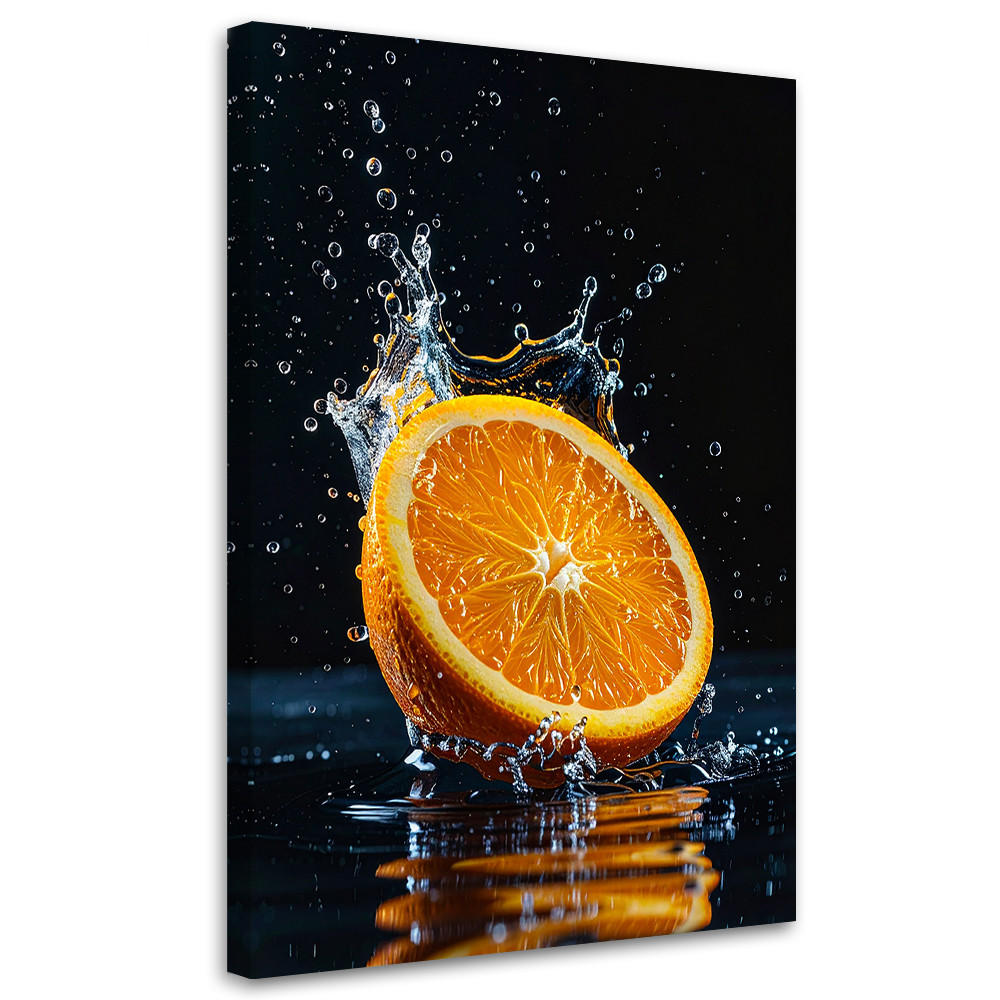 BILD auf Leinwand, Eine Orange fällt vor schwarzem Hintergrund ins Wasser - Orange, Textil (60/90cm) - Feeby