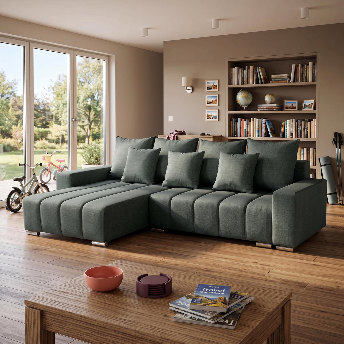 ECKSOFA Piano L Links mit Schlaffunktion 137x234 Velours Grün - Silberfarben/Grün, Holz/Textil (278/178cm) - Muffo