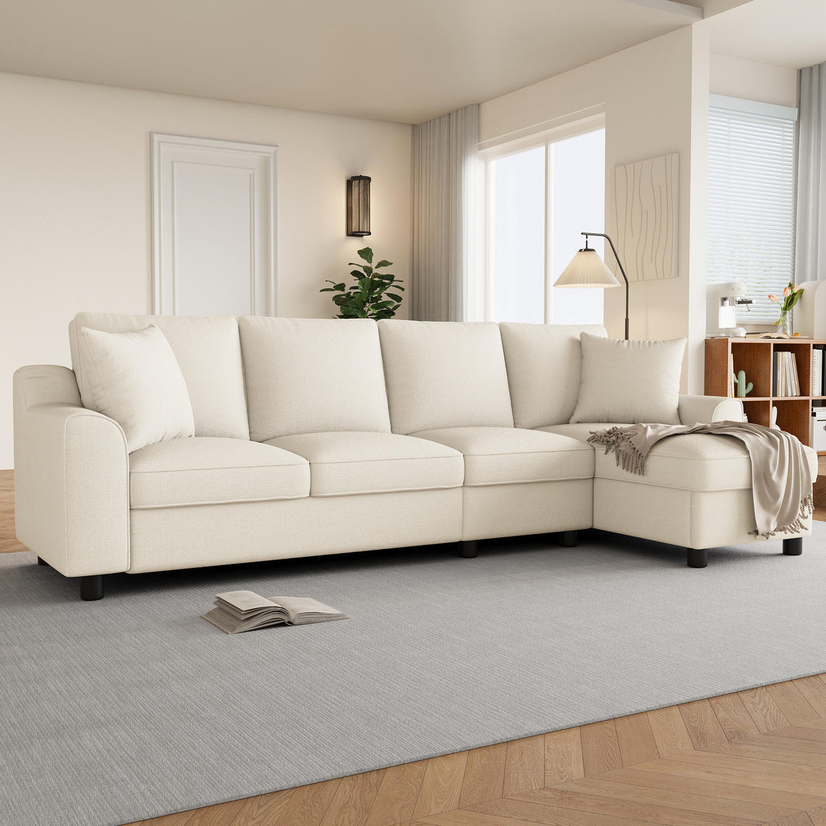 4-SITZER ECKSOFA Chenille Beige mit Stauraum und Getränkehaltern - Beige, Holzwerkstoff/Kunststoff (280/136cm) - WISHDOR