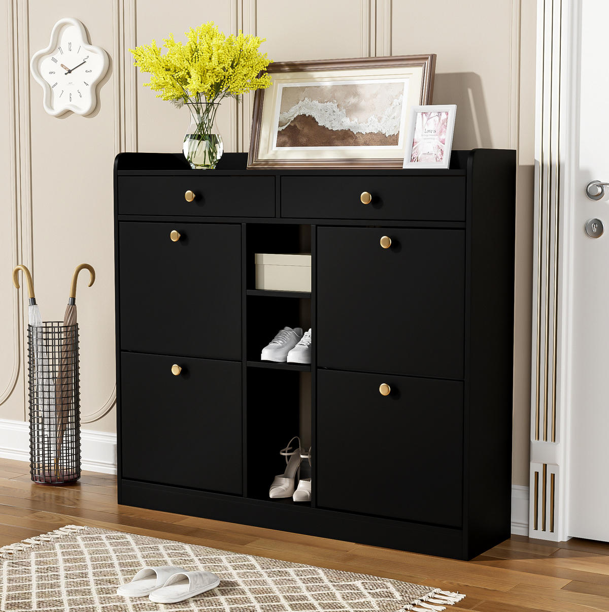 SCHUHSCHRANK 110/100/26 cm Schwarz aus Spanplatte mit Klappentüren - Schwarz, Holzwerkstoff (110/100/26cm) - OKMYHOME